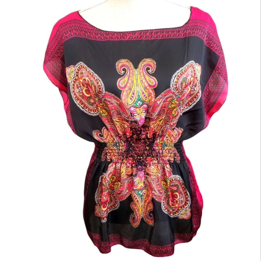 BODY CENTRAL | Women's hot pink & black paisley butterfly print tunic. Size M.